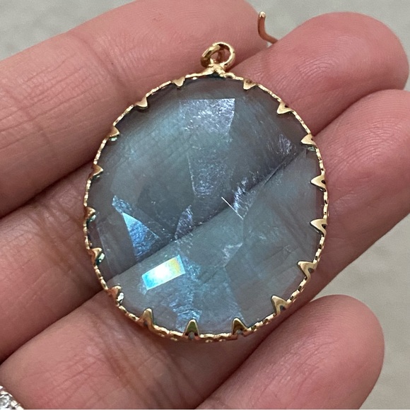 Unsigned Blue Topaz Faceted Glass Round Bezel Drop Earrings 11.8g - Picture 11 of 15